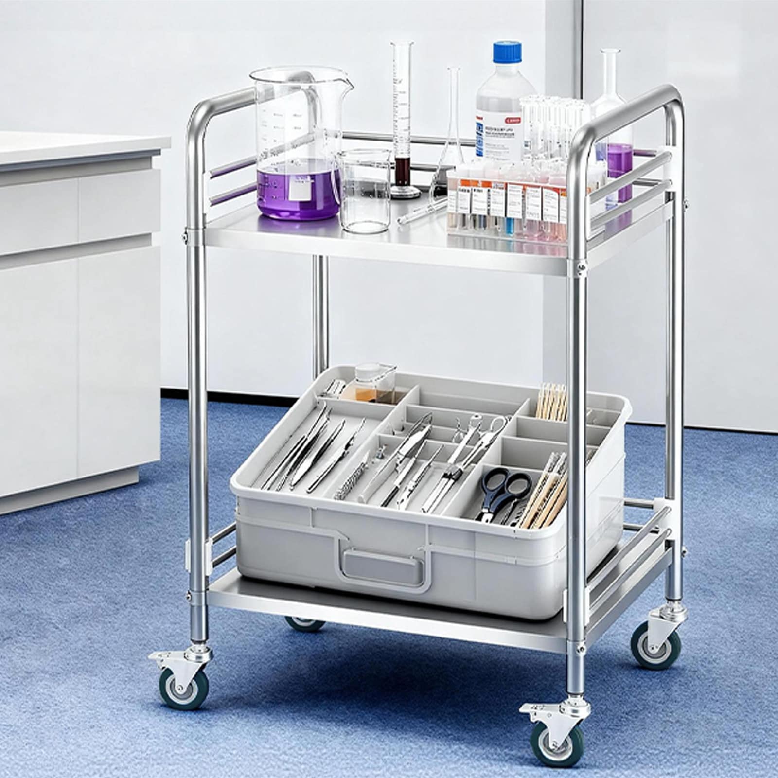 Stainless Steel Rolling Utility Cart With Lockable Wheels_voghion.com